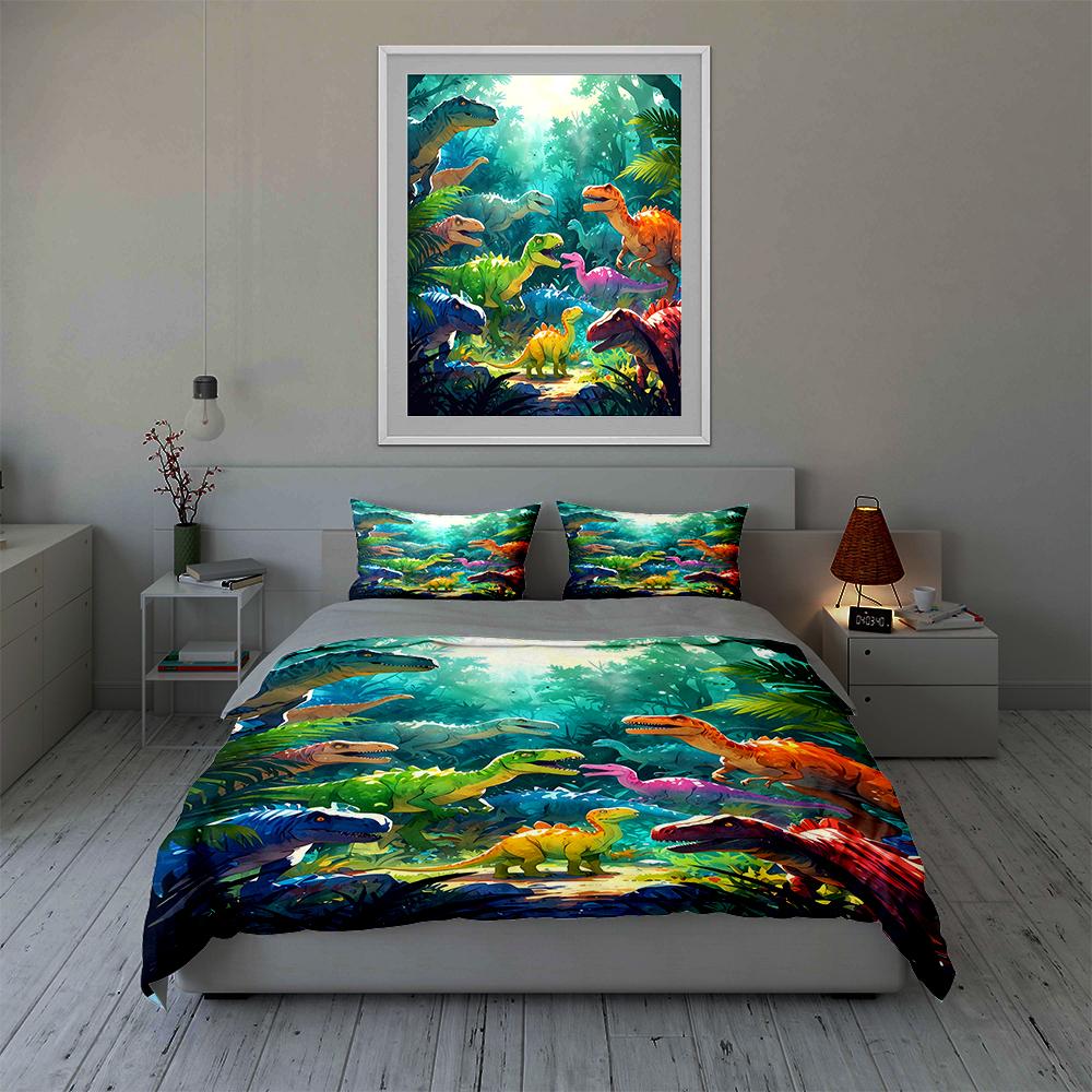 Colorful Dinosaur Forest Bedding Duvet Cover Sets Duvet Covers Pillowcases Gifts (1 * Duvet Cover 2 * Pillowcases, Without Duvet Insert)