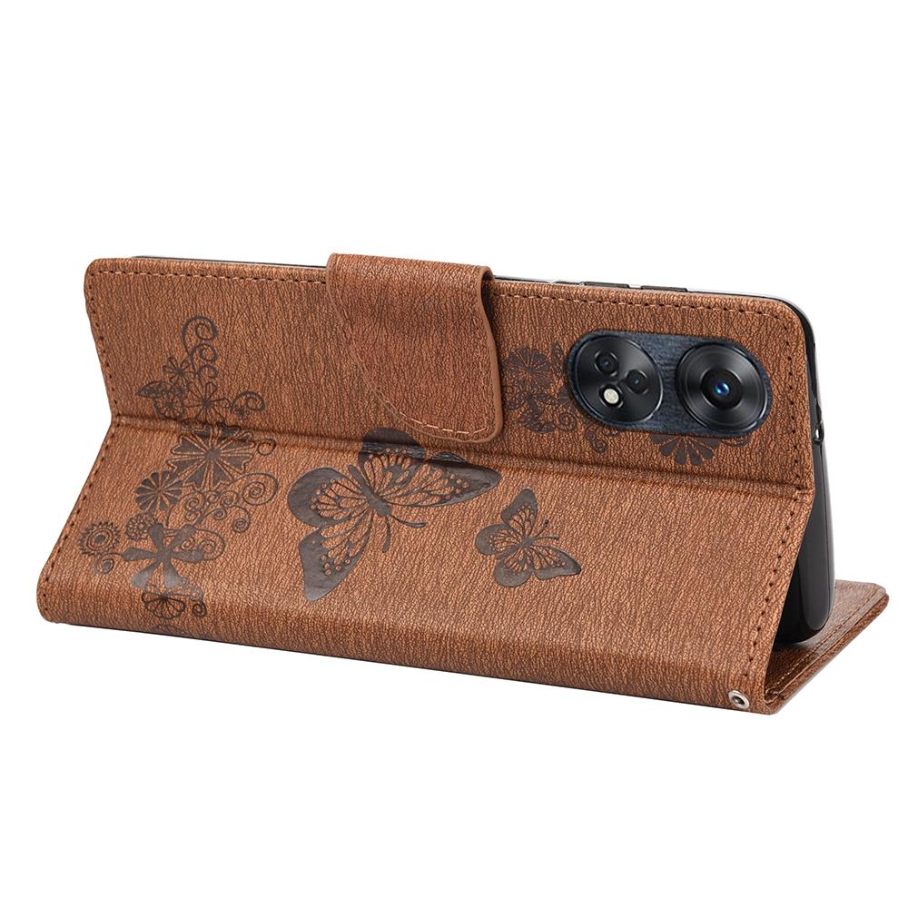 For Oppo Reno8 T 4G Lærstativ Telefondeksel Sommerfugler Blomsterpreging Telefon Lommeboketui