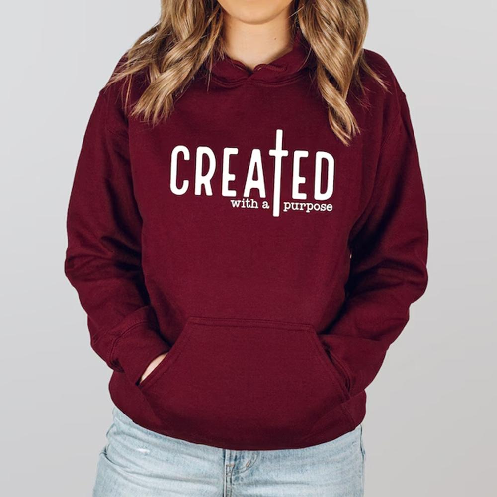 Created with A Purpose Hoodie Faith Hoodies Bible Saying Mikina s kapucí Unisex svetr s dlouhým rukávem Křesťanské mikiny Topy