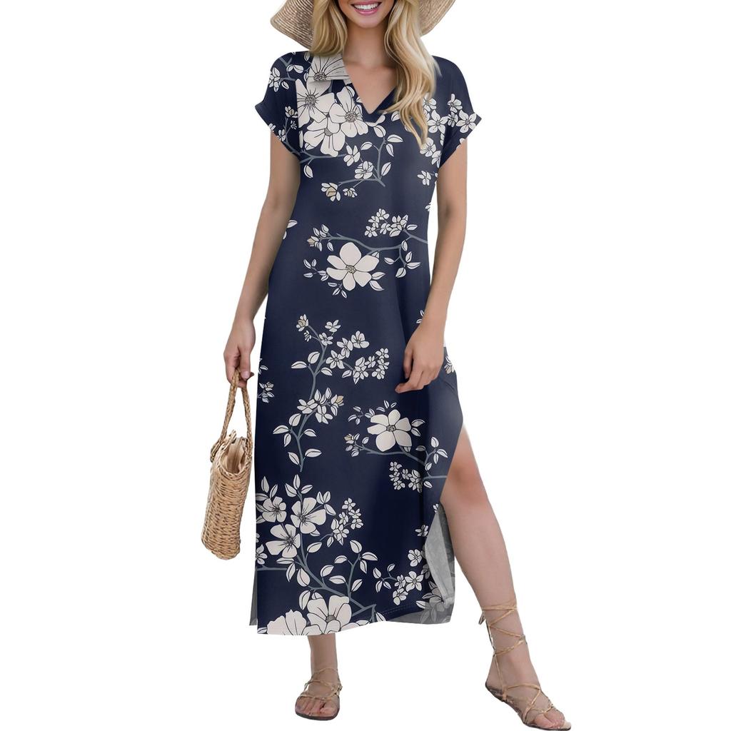 Women's Casual Comfortable V Neck Loose Hem Split Vacation Short Sleeve Floral Long Dresses