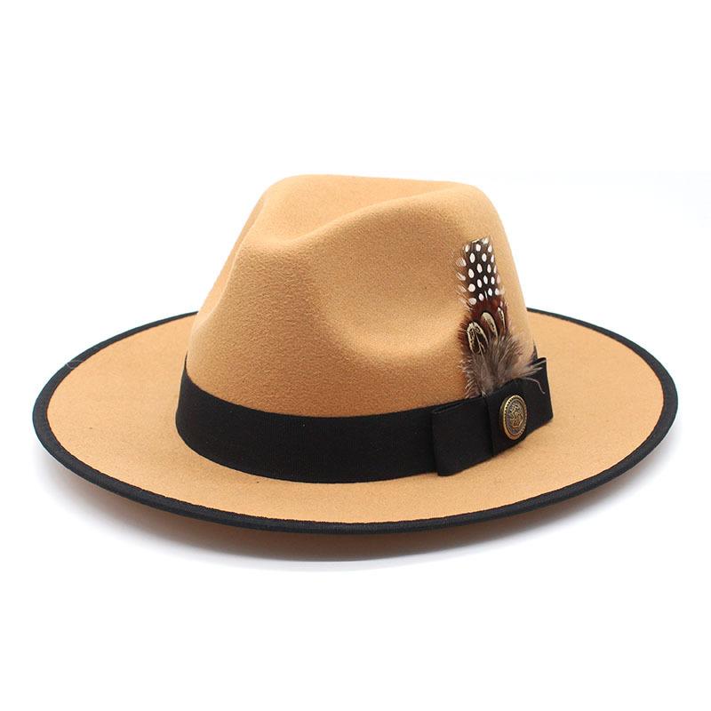 Black Hemming Feather Youth Top Hat Men And Women Large Brim British Fan Wool Gentleman'S Hat