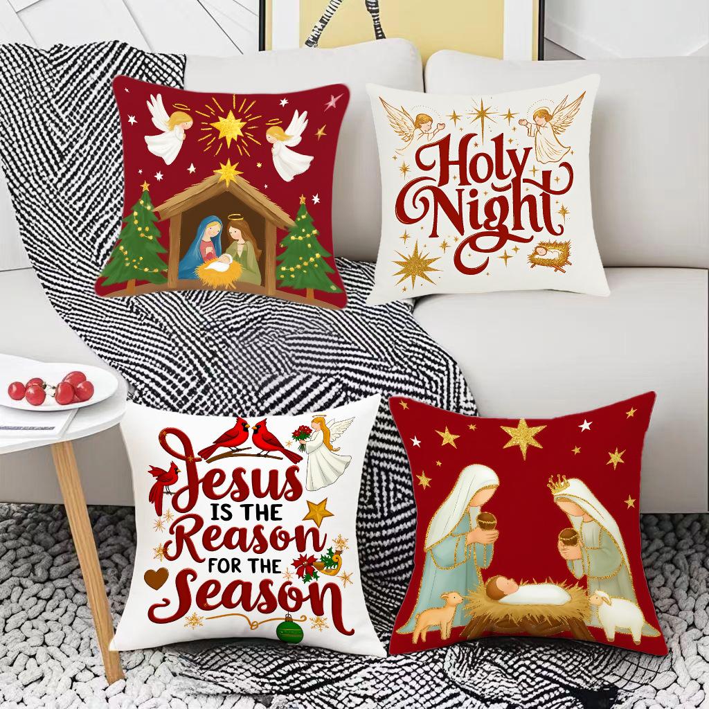 New Christmas Festival Atmosphere Linen Jesus Cartoon Print Living Room Bedroom Cushion Cover Digital Printing