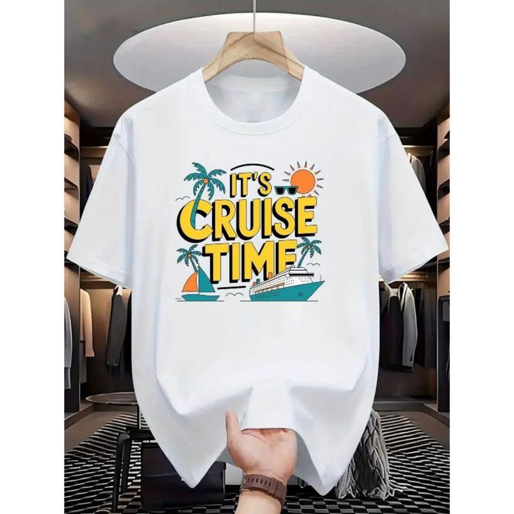 

European Sizes _Cruise Time_ Pattern T-shirt _ White Tropical Cruise Design with Palm Tree and Sunset, Short Sleeve Crew Neck S чёрный