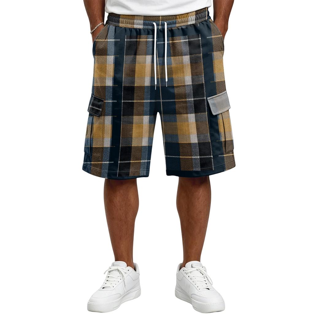 Herren Freizeit karierte Cargoshorts mit Kordelzug Lockerer Schnitt Leicht Atmungsaktiv Sommer Strandshorts mit mehreren Taschen für den Alltag