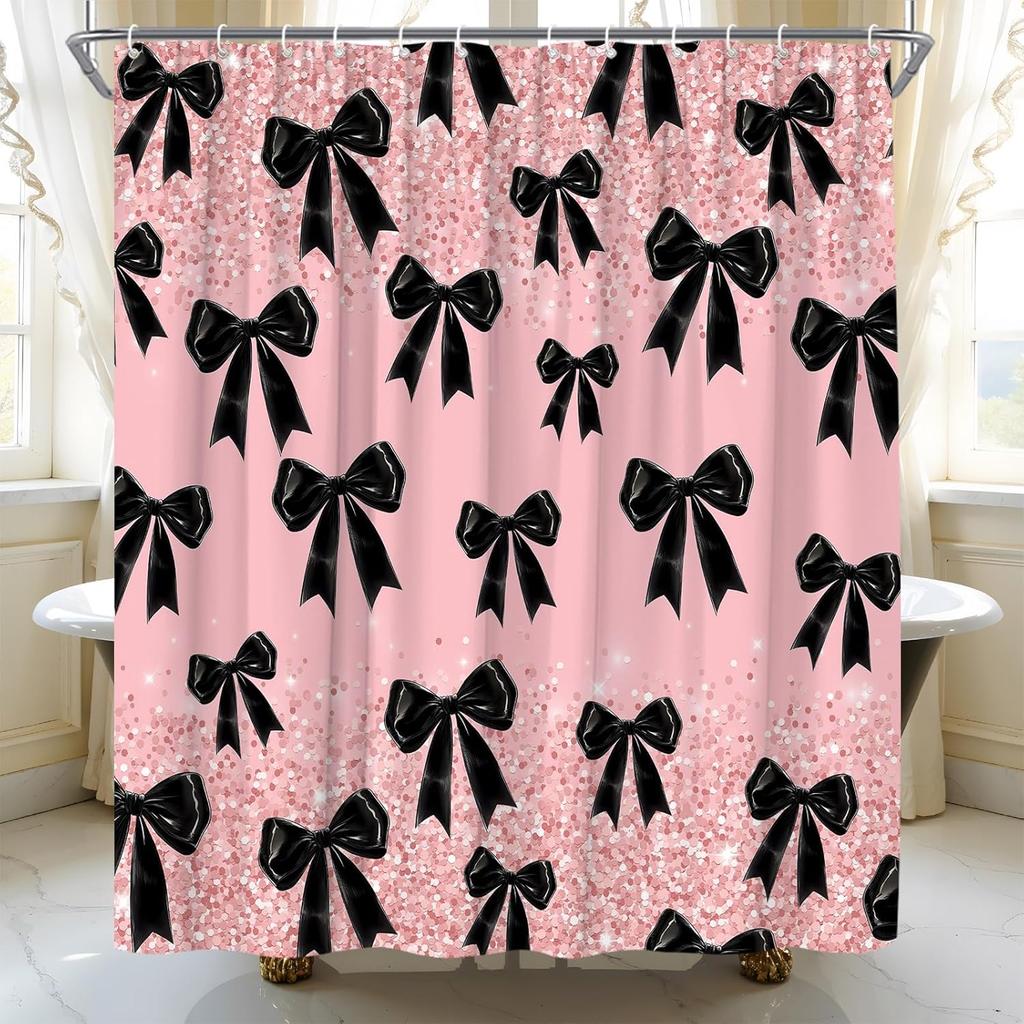 Black Bow Shower Curtain Fashion Girly Grey Shimmer Sequins Bowknot Dreamy Party Fabric Bathroom Curtain Set with Hooks