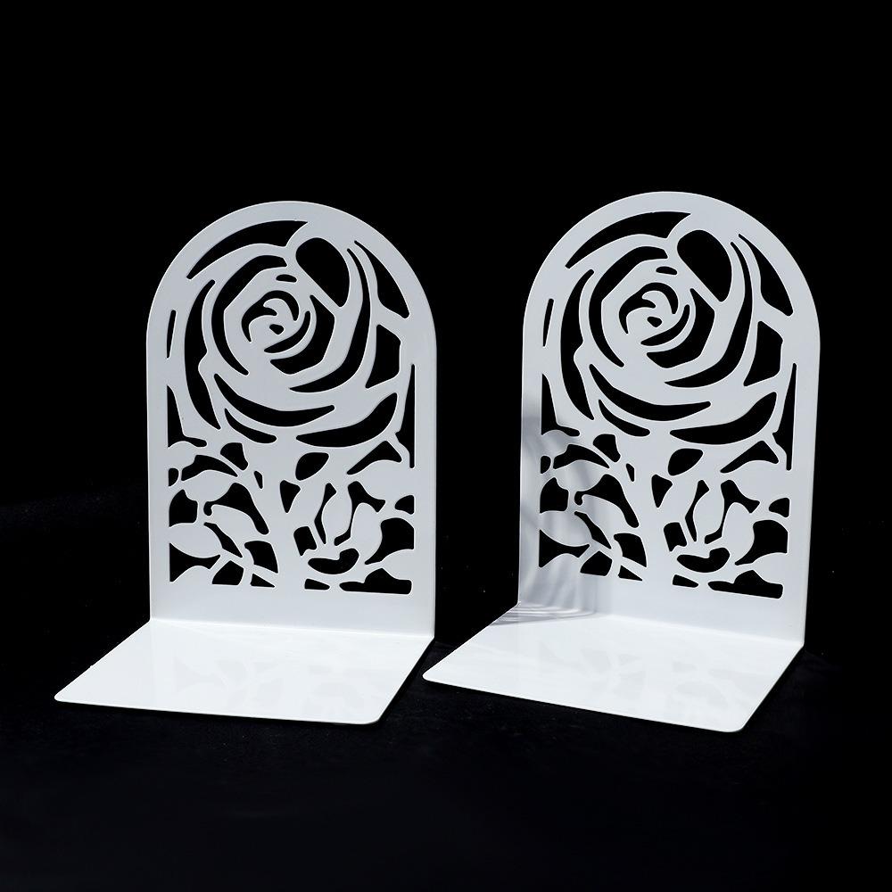 2Pcs Metal Rose Bookends Hollow Design Book Stoppers Durable Bookshelf Organizer Bookshelf