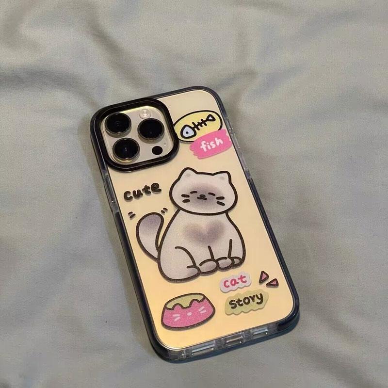 Fish Bone Lovely Little Cat Pattern Phone Case For iPhone 16 15 14 13 12 11 Pro Max XR XS 7 8 Plus Transparent Shockproof Cover