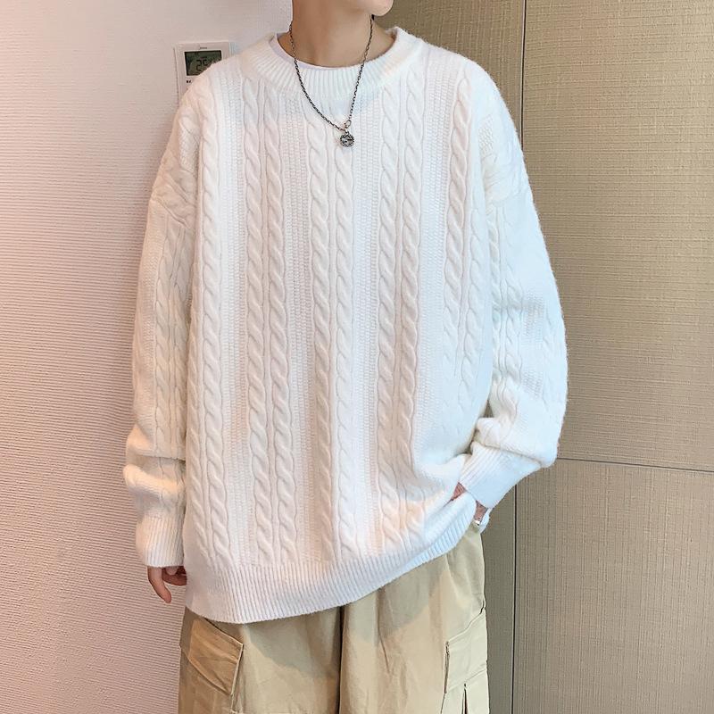 Men's Cable Knit Crew Neck Sweater, Loose Fit, Retro Hong Kong Style, Trendy Casual Knitwear for Autumn and Winter.