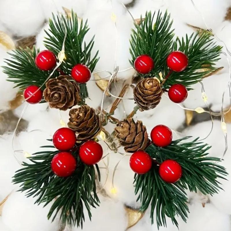 Faux Pine Cones with Red Berries Realistic Look Pinecones Ornament for Christmas Tree Party Decorations