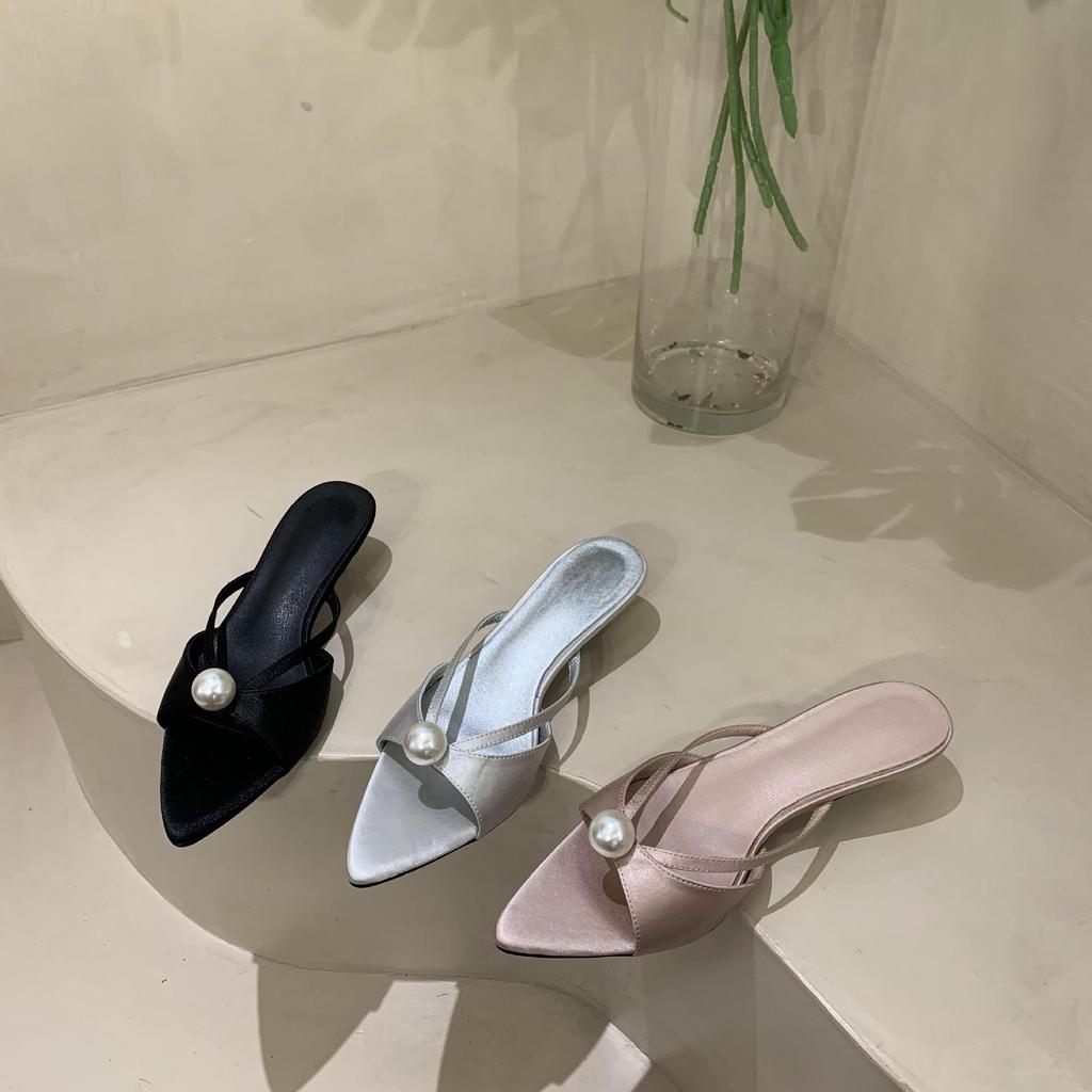 2025 Summer New Style Medium and High Stiletto Women's Slippers Pointed Toe Open-toed Foot Strap Wear Evening Shoes