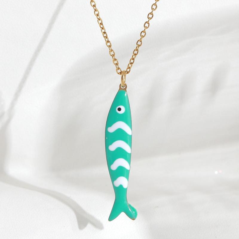 Süße Bunte Emaille Fisch Anhänger Halskette für Damen Edelstahl Streifen Fisch Charms Sommer Strandparty Urlaub Schmuck Geschenk