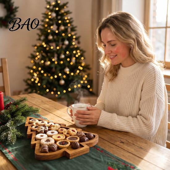 Cheese Board for Holidays Christmas Tree And Elk Serving Tray, Durable Wood Partitioned Home Table Decor Food Platter, Decorative Dinnerware