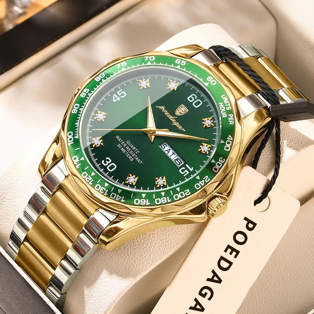 POEDAGAR Fashion Luxury Man Clock Waterproof Luminous Date Week Wristwatch Stainless Steel Quartz Business Watches for Men