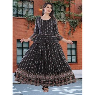 Damen Partykleidung Rayon Ethnisches Oberteil Rock Kurta Set Indisch Bollywood Tunika Kurti VSO-1706 c