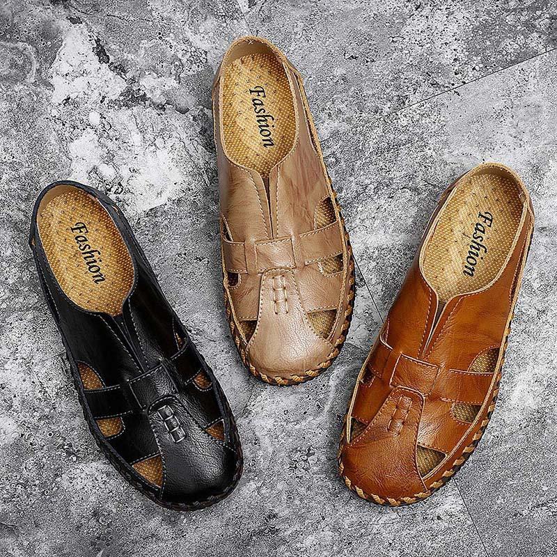 Men's Sandals New Summer Non-Slip Wear-Resistant Beach Leather Sandals Outdoor Casual Leather Driving Slippers
