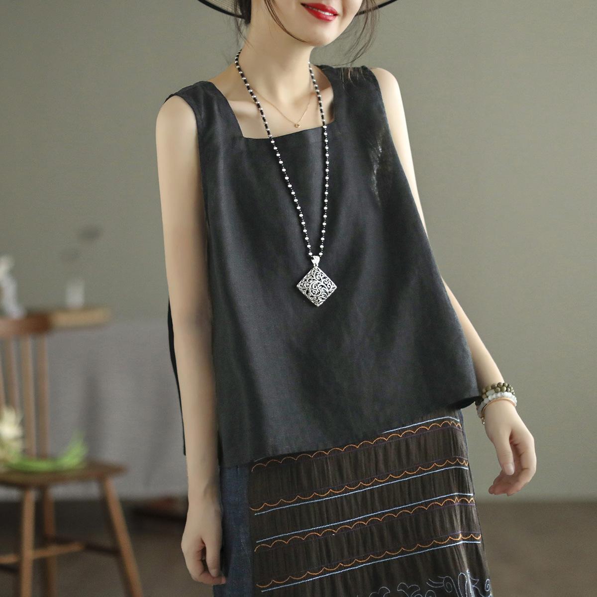 

Женская свободная летняя майка без рукавов с квадратным вырезом, женская летняя повседневная футболка, однотонная свободная хлопковая мягкая футболка one size чёрный