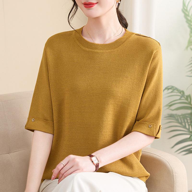 

Летняя футболка с рукавом пять четвертей из мягкого трикотажа для женщин среднего и пожилого возраста - Круглый вырез 5XL (145-155 kg suggested) золотой