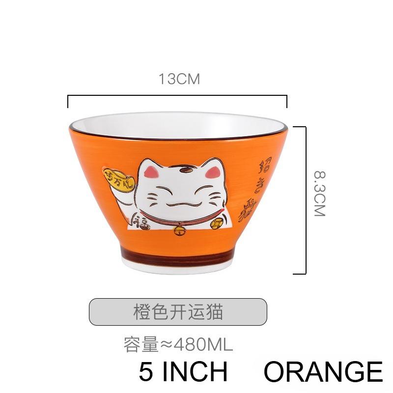 Japanese Ceramic High Bowl Multi-Sized Colorful Lucky Cat Soup Bowl Salad Bowl Underglaze Children Kitchen Household Tableware