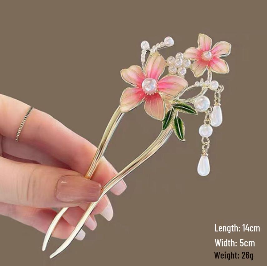 Épingle à cheveux vintage en forme de U avec pompon paon pour femmes - Épingle à chignon nacrée pour Cheongsam et Hanfu