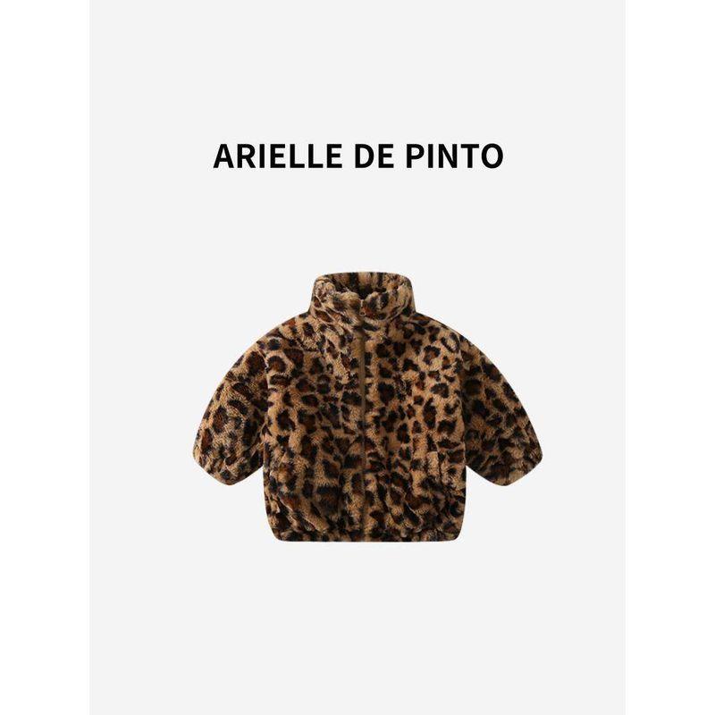 French Arielle De Pinto Kidsren s Outwear Autumn and Winter Fleece-Lined Leopard Print Sweater Top for Boys and Girls Leopard print 130