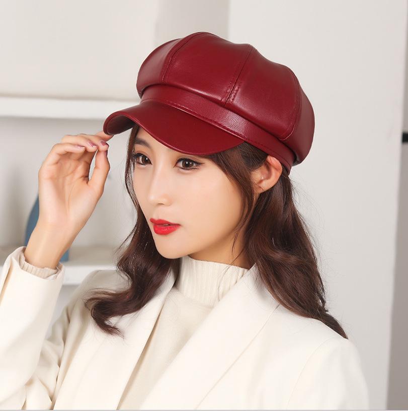 Women's Autumn/Winter Korean-Style PU Beret: Trendy Solid Color Octagonal Hat