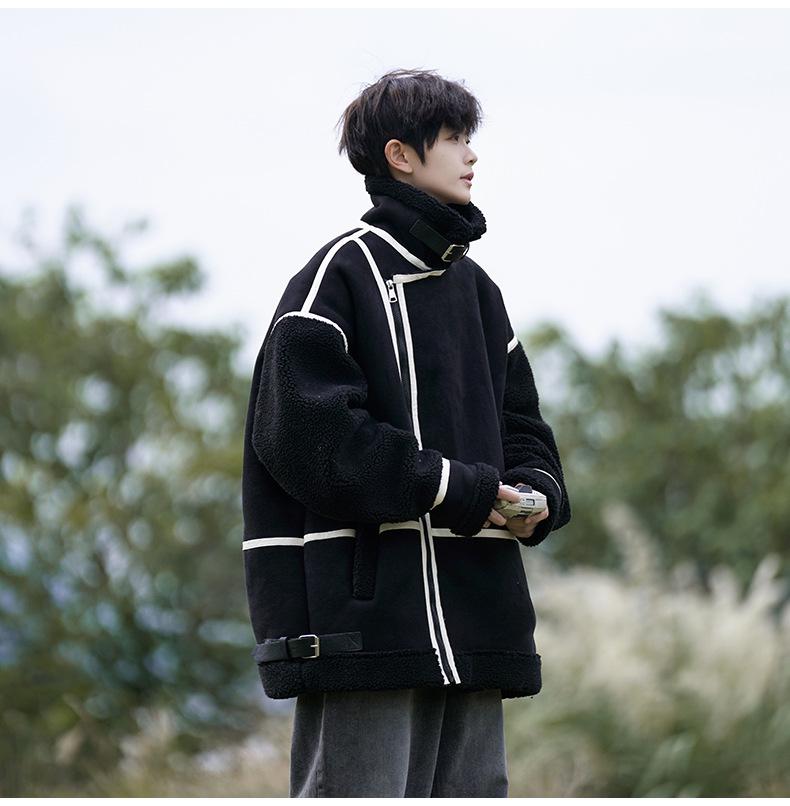 Men's Lambswool Fur-Lined Color Block Winter Jacket, Trendy American Brand, Plus Size, Thickened Cotton for Teens