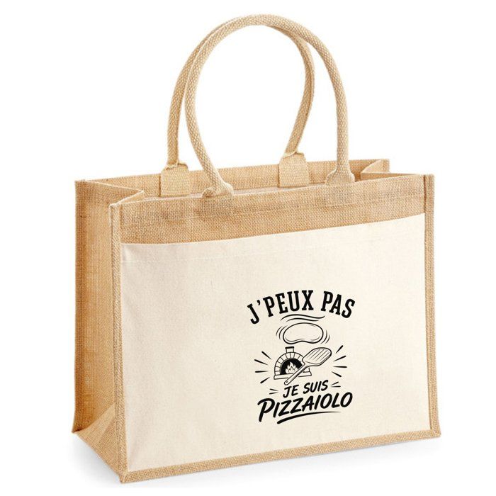 Sac Cabas Jute avec Poche J’peux pas je suis Pizzaiolo J'peux pas minimaliste | Toile de Jute et Coton 21 L Fond Plat Anses 65 cm