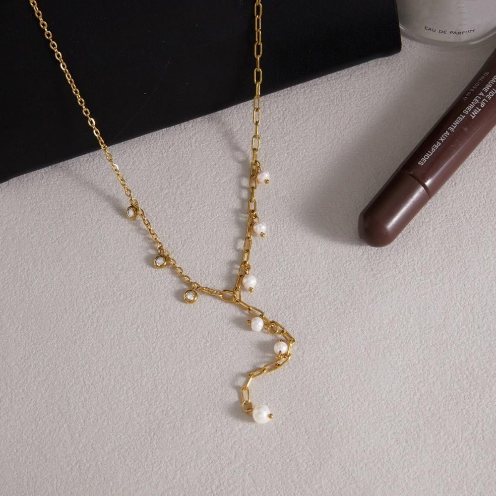 18K Gold Plated Pearl Pendant Necklace Y Shape Wedding Necklace Zircon Pendant Necklace Women