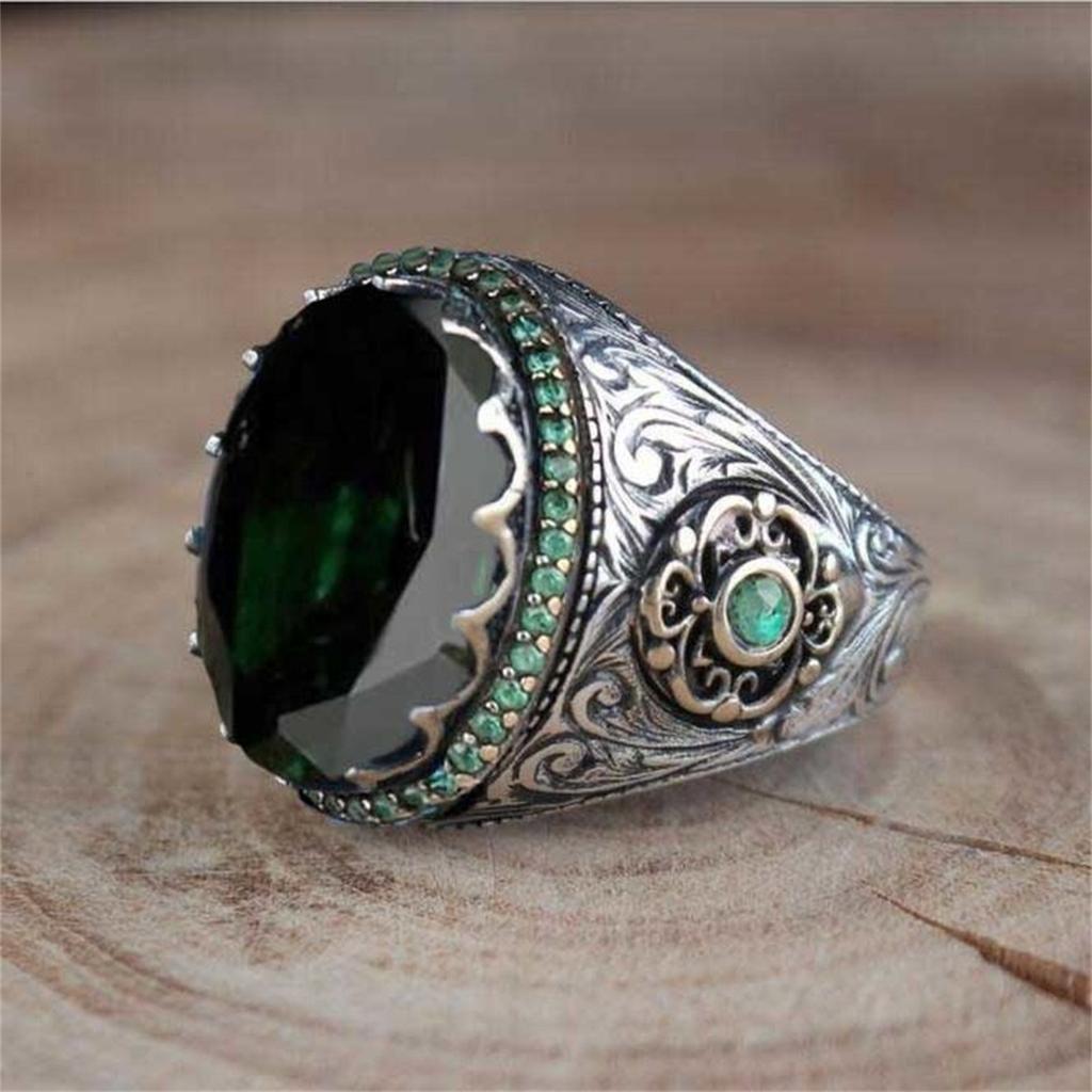 Retro Handgefertigter Türkischer Siegelring Für Männer Frauen Antike Kupferfarbe Geschnitzter Adlerring Grün Zirkon Inlay Punk Motor Biker Ring