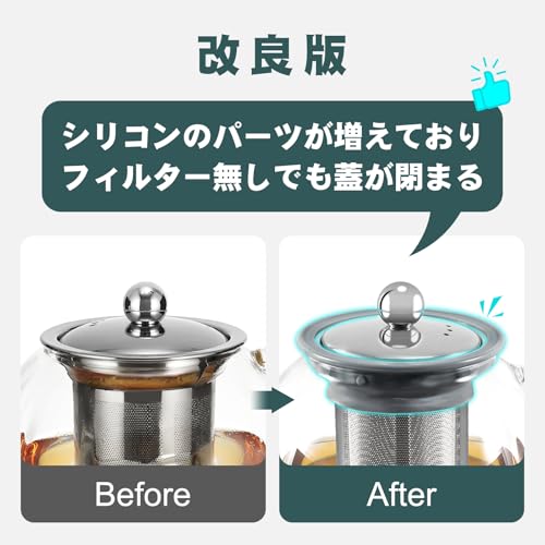 VKCHEF Heat-Resistant Glass Teapot, Transparent, 1000ml Capacity, Stainless Steel, with Tea Strainer, Suitable for Direct Heat, Perfect for Fruit Tea,