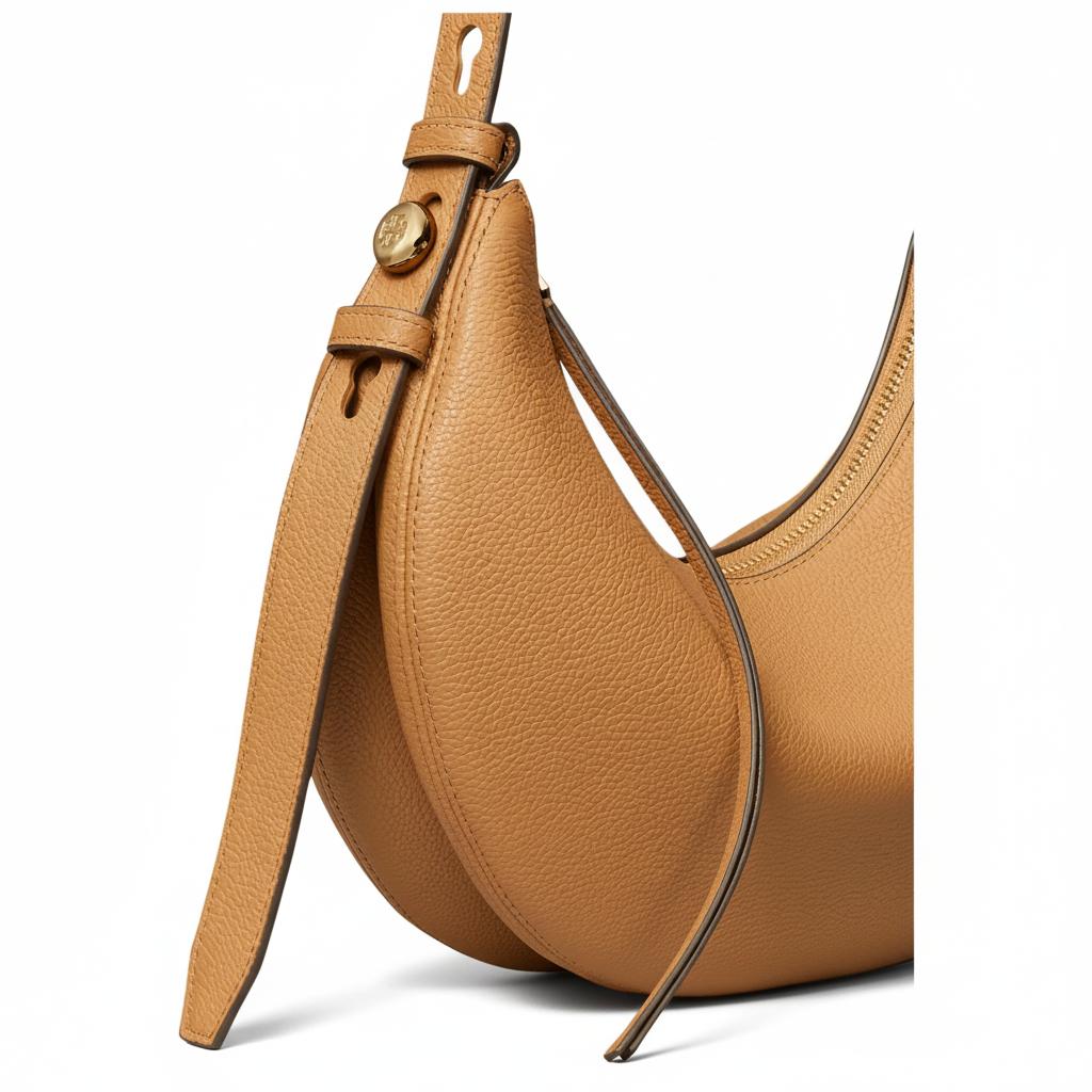 Tory Burch Romy Zipper Closure Adjustable Shoulder Strap Leather Crescent Bag Women Shoulder Bag Tiramisu 178677-227
