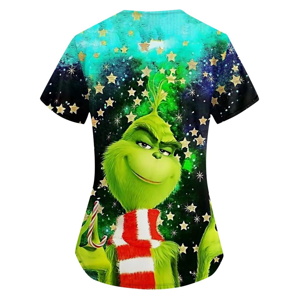 Women's Christmas Printing Uniform Work Uniform V-Neck Pocket Protective Work Uniform