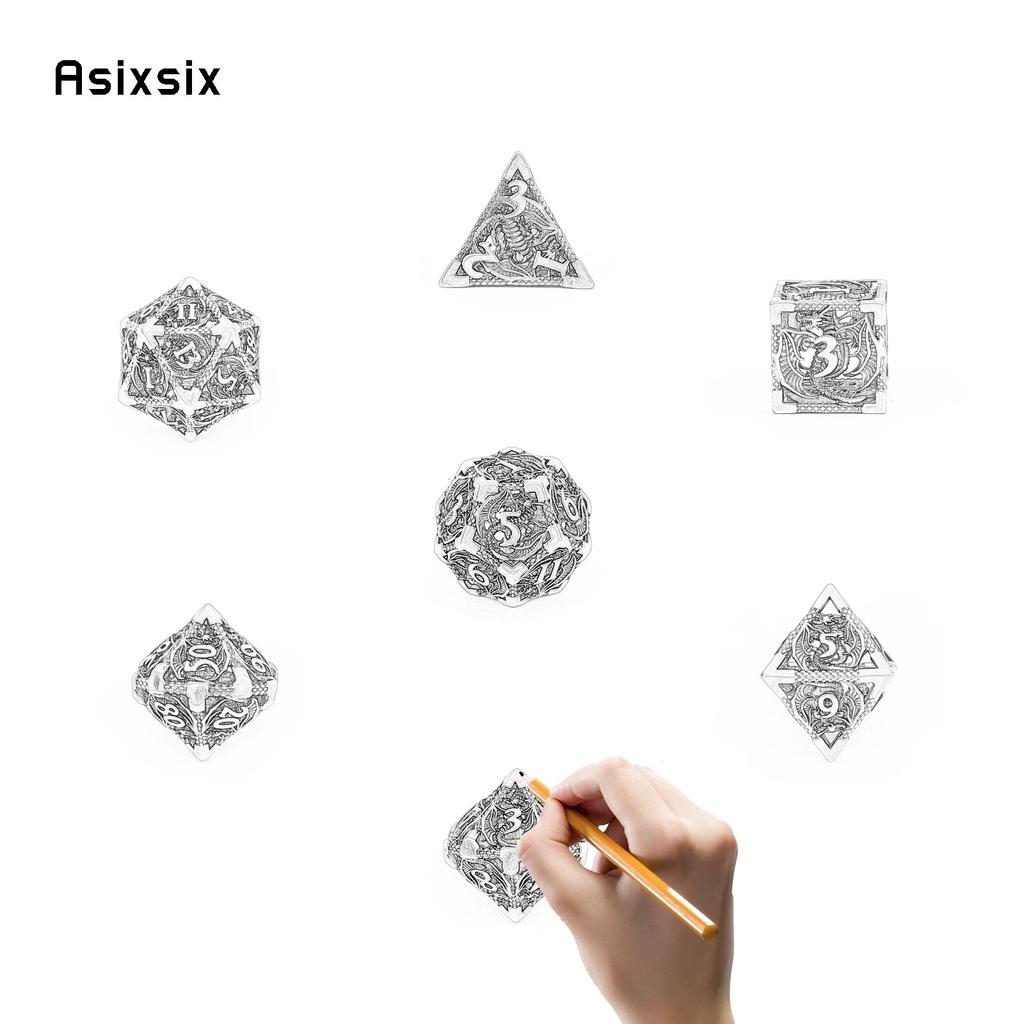 7 ks Silver Dragon Metal Dice Sada dutých kovových mnohostěnných kostek Vhodné pro RPG stolní karetní hru