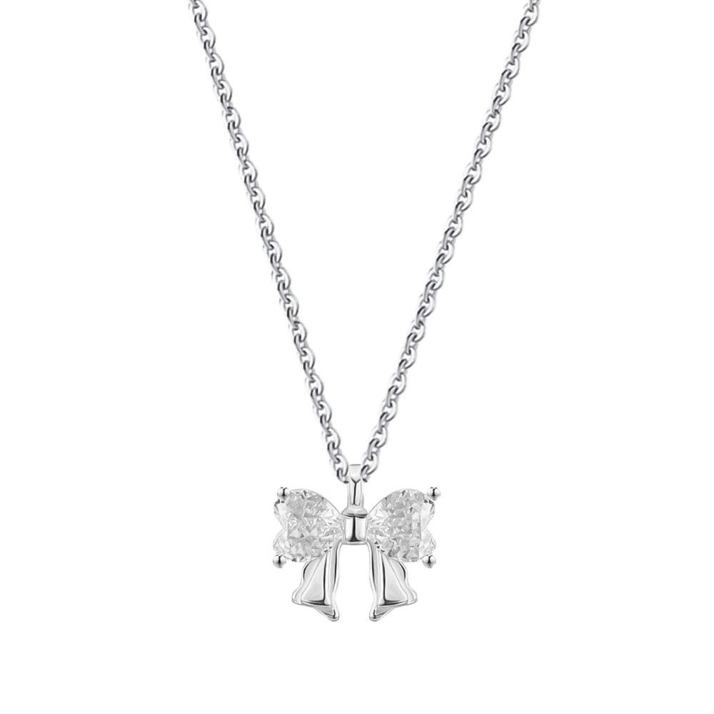 S999 Pure Silver Bowknot Heart Zircon Necklace - Light Luxury Sparkling Diamond Clavicle Pendant Jewelry for Women Pure Silver