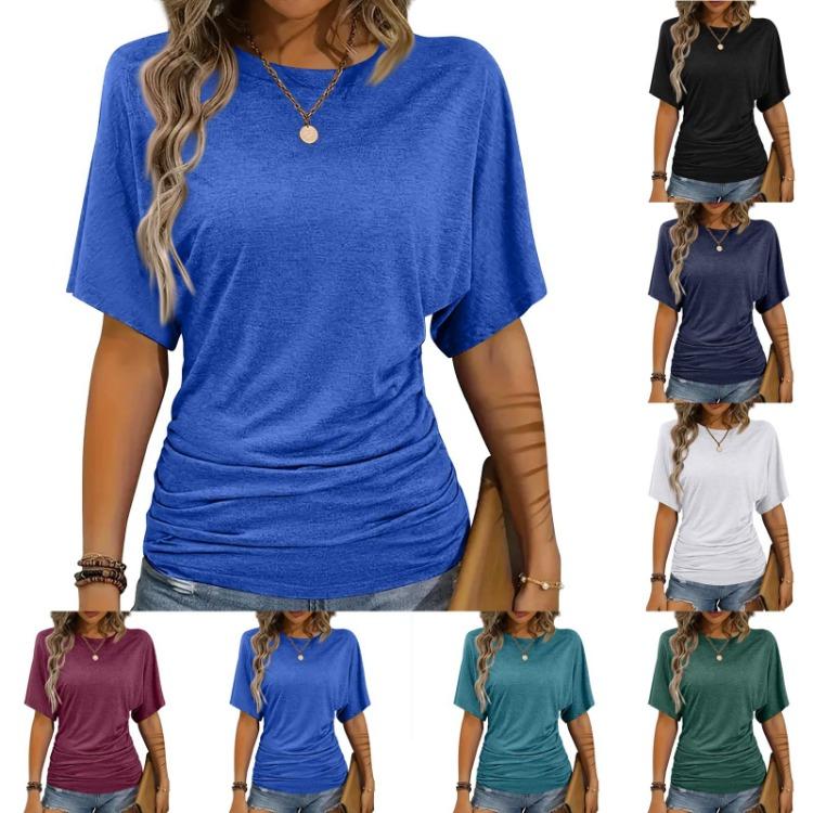 Lockeres kurzärmeliges T-Shirt Damen Unifarben Rundhals Oberteil Mode