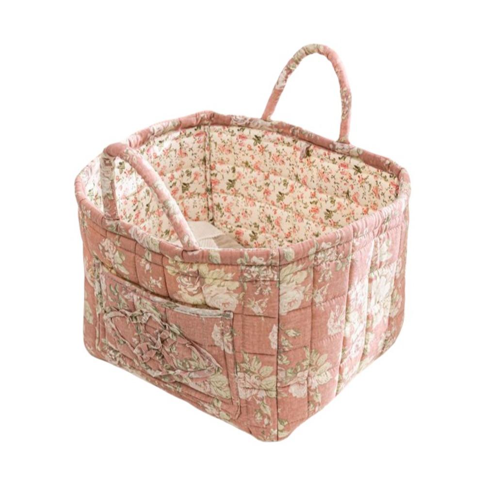Fabric Floral Pattern Storage Basket Large Capacity Quilted Design Bento Handbags Collapsible Design Easy Carry Handles