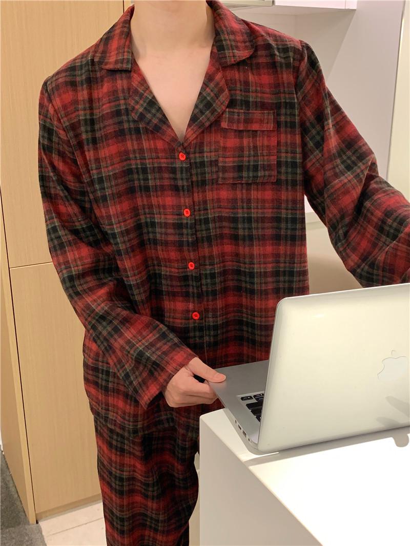 

Korean Style Autumn/Winter Couples Red Plaid Lace Homewear Set: Comfortable and Sweet. One Size