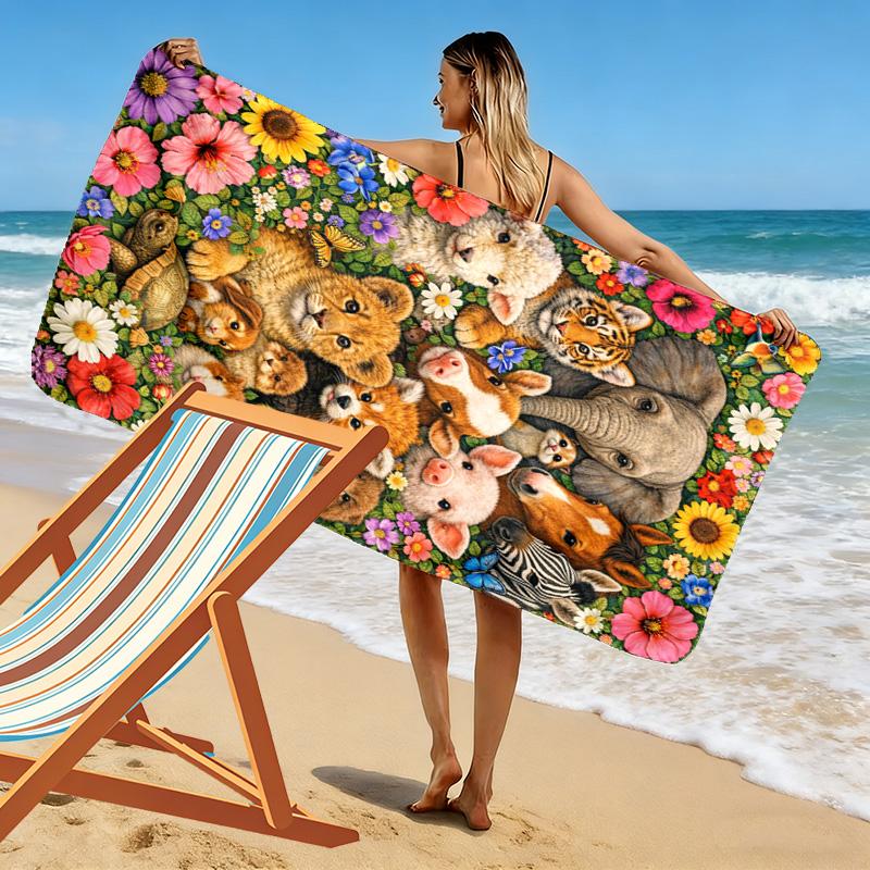 Floral Animals Print Beach Towel, Large Soft Quick Dry Towel for Beach Camping Swimming