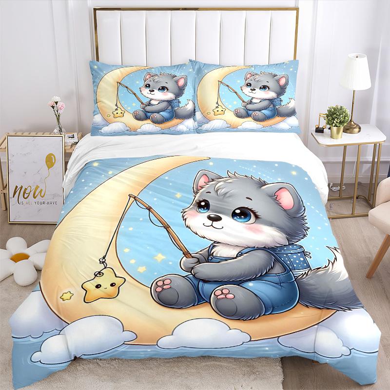 3pcs Little Wolf Fishing for Stars Printed Quilt Set - Includes 1 Quilt Cover and 2 Pillowcases, Machine Washable - Suitable for All Seasons.M071