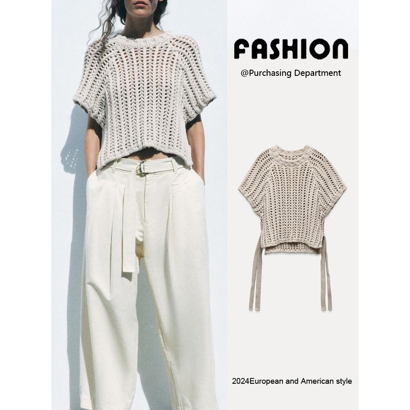 Za2024 Autumn New Women's Clothing Fashion Side Belt Decoration Thick Needle round Neck Casual Short Sleeve Tops 2142116