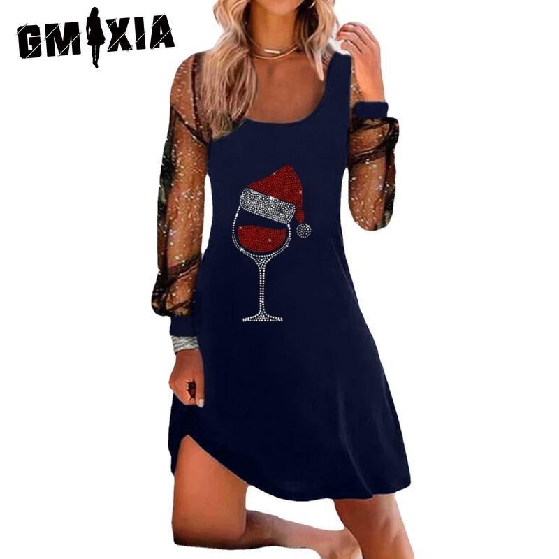 GMXIA Moda damă primăvară toamnă imprimeu culoare uni mâneci lungi decolteu cu talie înaltă rochii casual