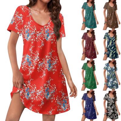 Women's Casual Sundress With Pockets Summer Boho Beach Dress Floral Blouses For Women T-Shirts Dress V Neck Loose  Dresses