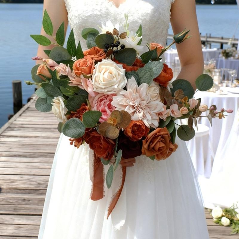 Realistic Caramel Bridal Bouquets Artificial Roses Fall Wedding Decoration Handmade Silk Flower For Home Elegant Party