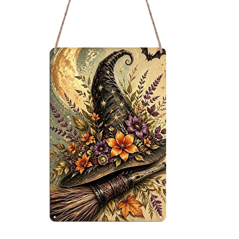 2D Flat, 1pc Halloween Decorative Sign & Plaque, Vintage Floral Witch Hat & Broom Aluminum Sign, Spooky Fun Decor, Halloween Artwork Wall Decor