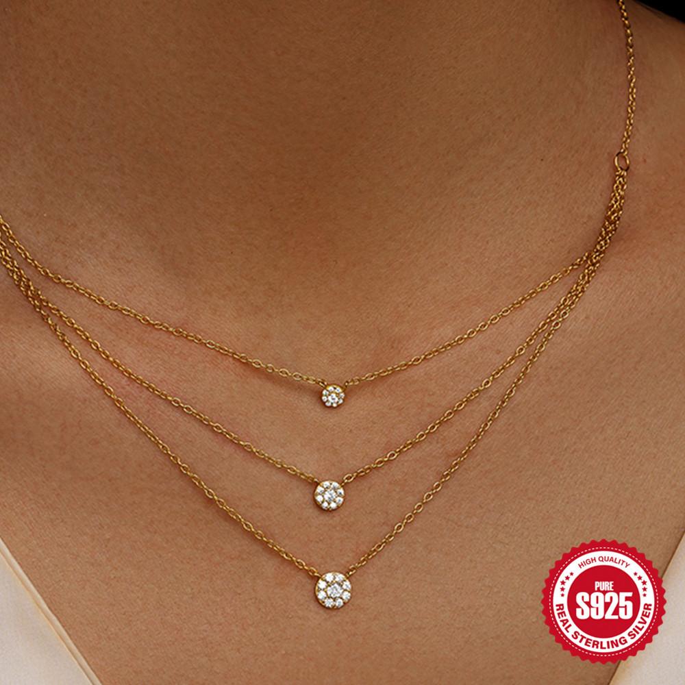 S925 Sterling Silver Multi-Size Round Broken Diamond Combination Three-Layer Stacked Necklace, With Perfect Neck Effect Necklace