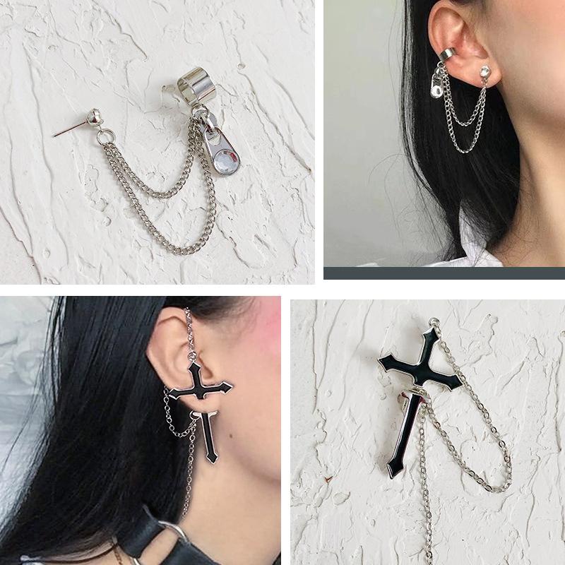 Punk Black Cross Drop Earrings For Teens Vintage Rock Pride Long Chain