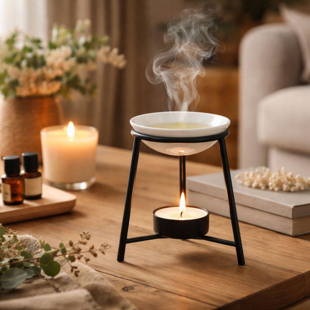 Ceramic Bowl Aromatherapy Stove Iron Base Metal Rack Essential Oil Burner Romantic Hollow Out Tealight Holder Spa Meditation