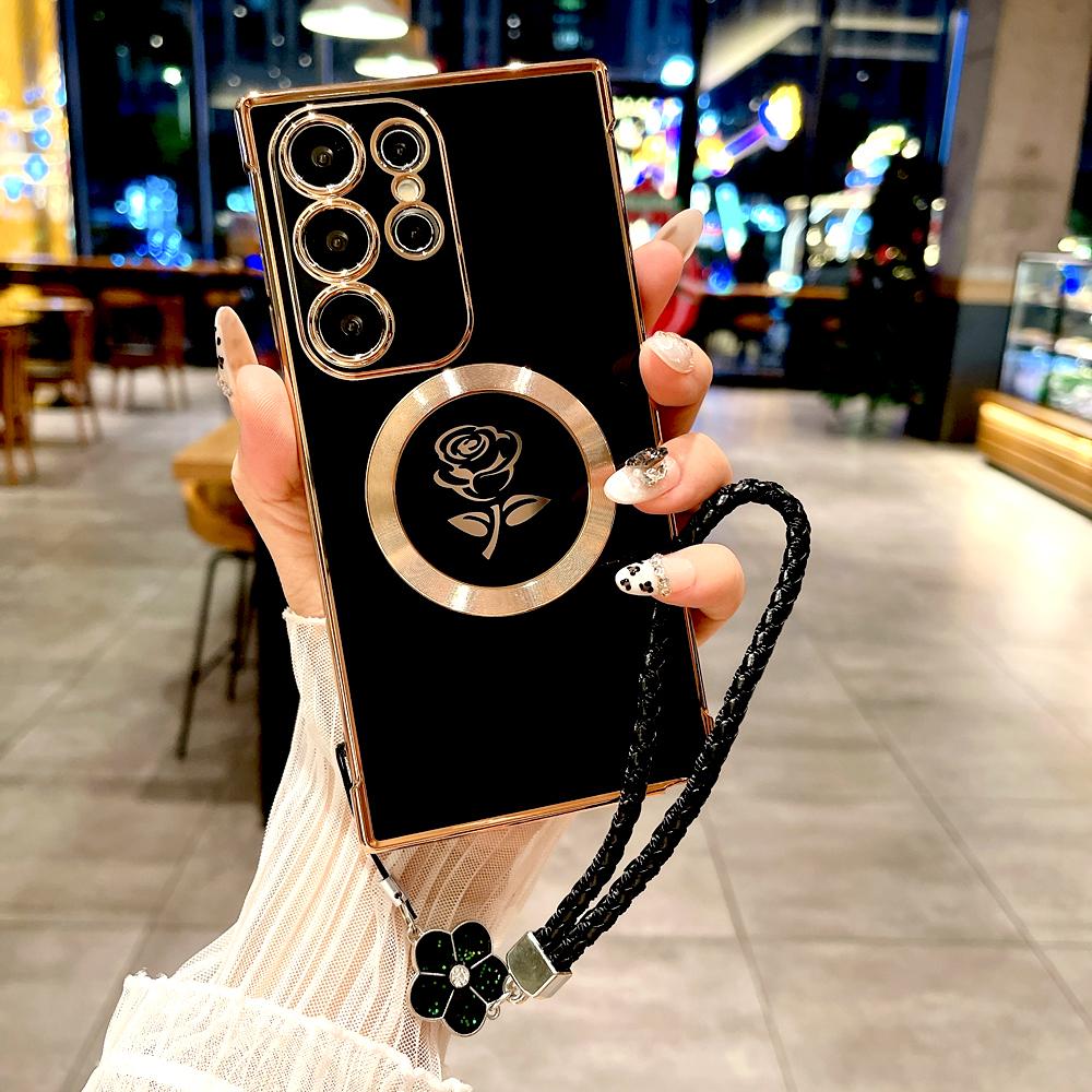 

Plating Soft TPU Rose Case For For Samsung Galaxy S26 S25 S24 S23 S22 S21 Ultra Plus S25Ultra Magsafe Charge Cover Lanyard Bracelet For Samsung S21 Plus