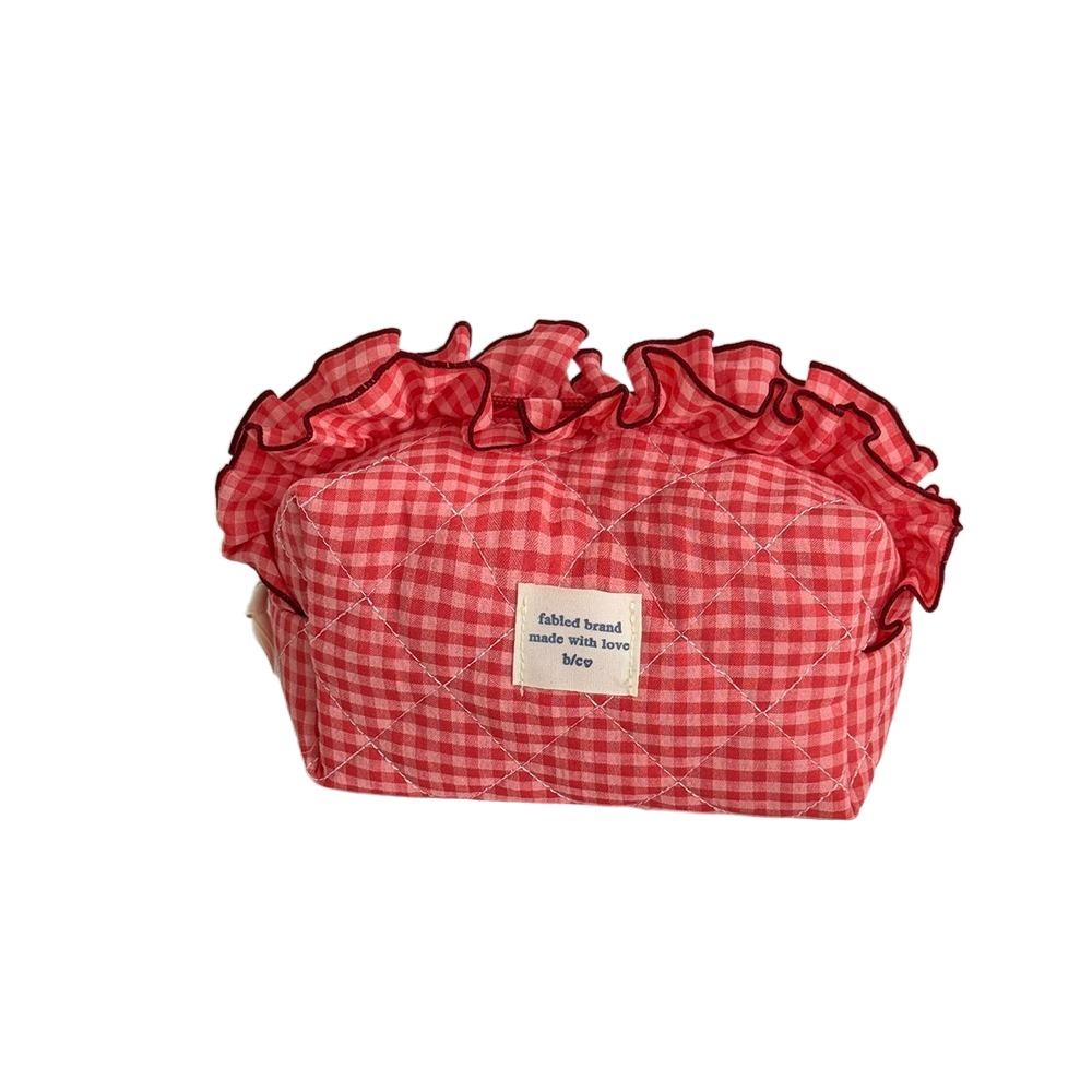 Large Capacity Ruffle Makeup Bag Plaid Pattern Wash Storage Bag Toiletry Organizer Skincare