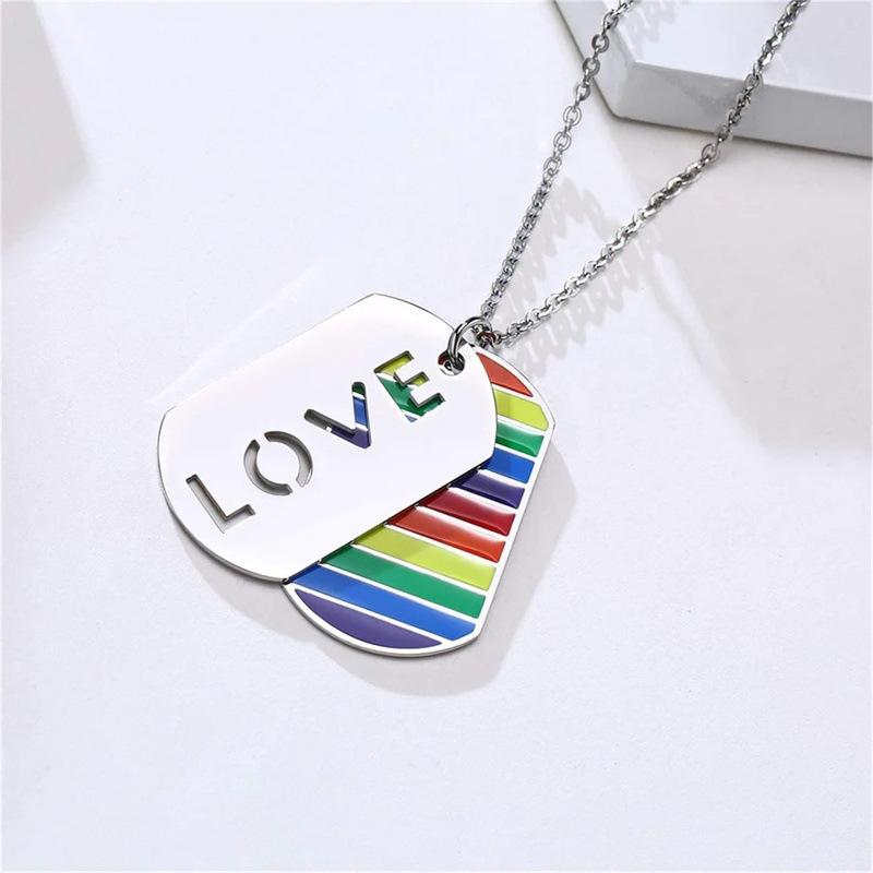 Stainless Steel LGBT Gay Lesbian Love Pride Necklaces Enamel Rainbow Flag Double Pendant Necklace